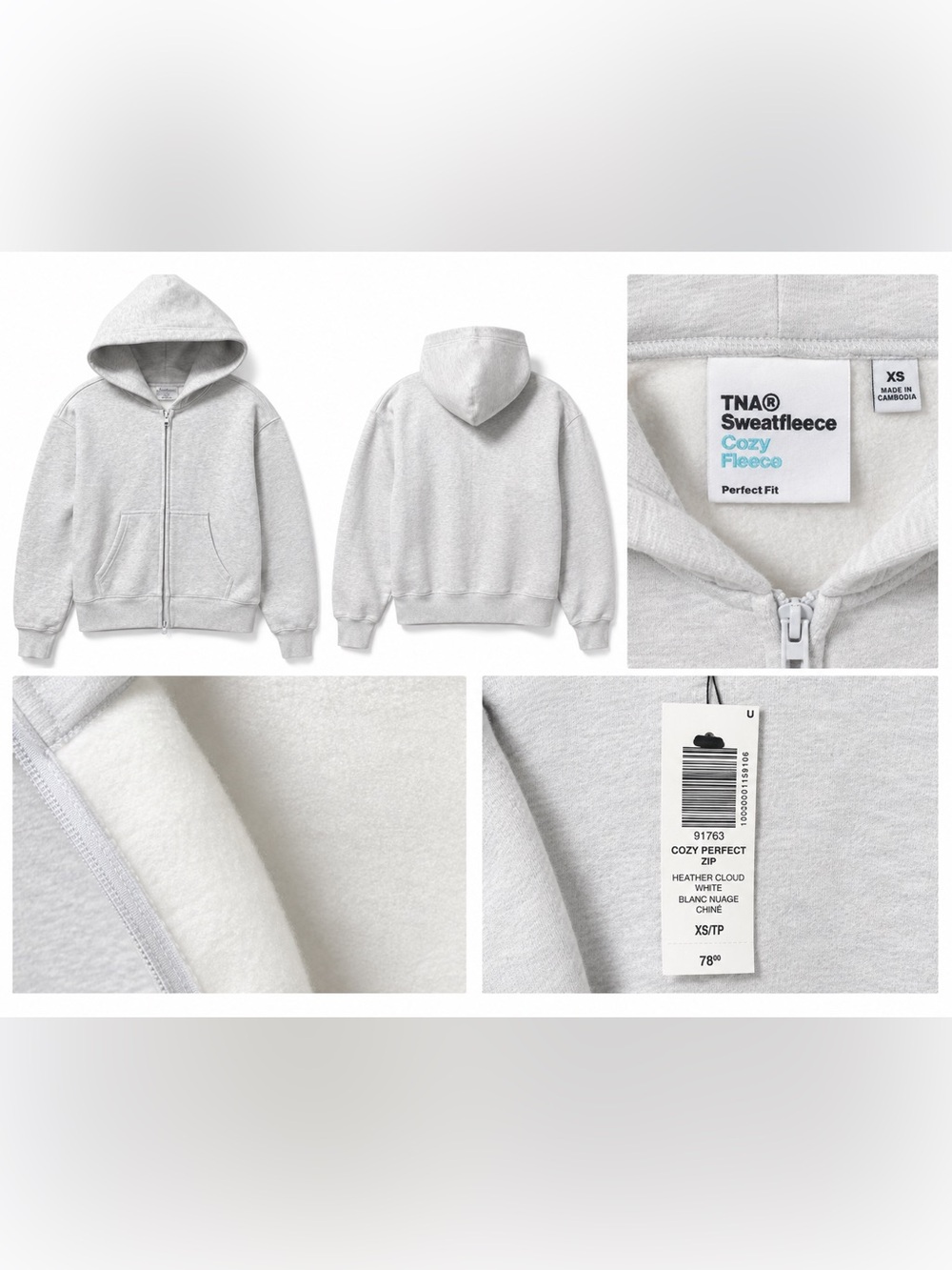 Aritzia TNA Cozy Fleece Perfect Zip Hoodie Heather Cloud White XS